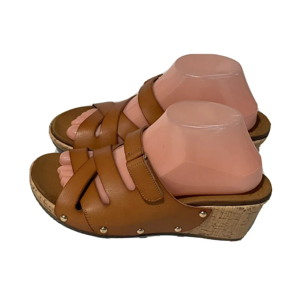 Skechers Luxe Foam Sz 9 M/39 EU Brown Cork Wedge￼ Strappy Sandals Slides C - Picture 3 of 9